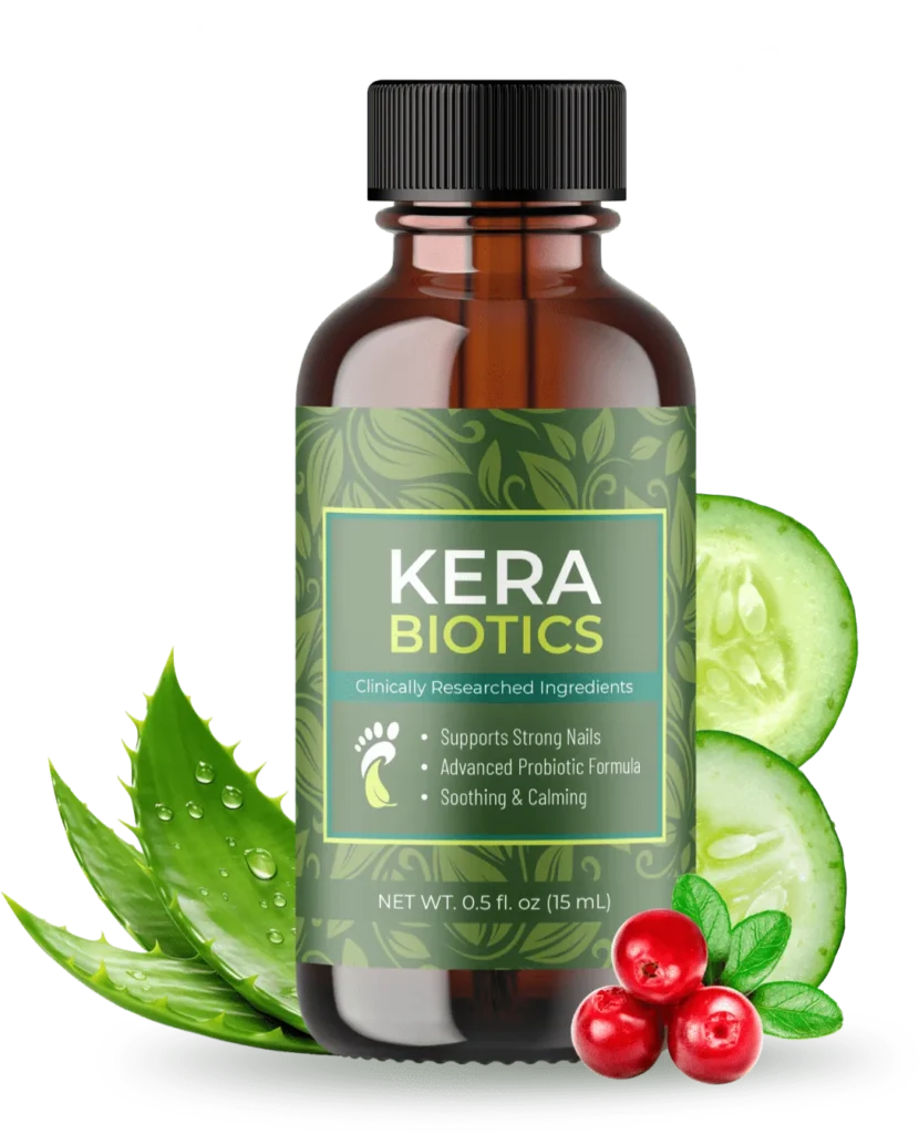 KeraBiotics bottles showcasing the advanced probiotic mix for toenail fungus support